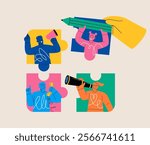 Hand assembling puzzle of diverse people. Concept diversity inclusion and creating cohesive. Colorful vector illustration 

