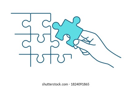 Hand assembling puzzle jigsaw in thin line - symbol oh HR, hiring, co-working
