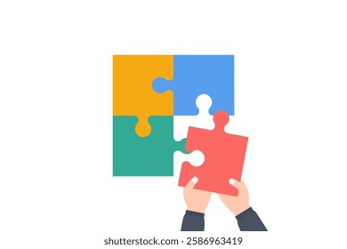 Hand assembling together jigsaw puzzle pieces. Businessman arm putting puzzle pieces together. Concept of missing link of project, solving of problems and business solution. Vector illustration.