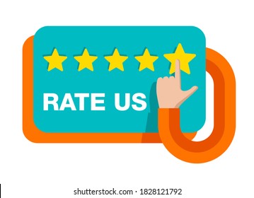 Hand assesses five rating stars - maximum positive ranking with  in abstract decoration - vector illustration for good review, service, quality, result