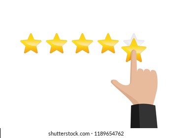 Hand assesses maximum positive ranking with five rating stars - vector illustration for good review, service, quality, result