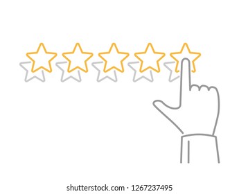 Hand assesses maximum positive ranking with five rating stars - outline  vector illustration for good review, opinion, service, quality, result