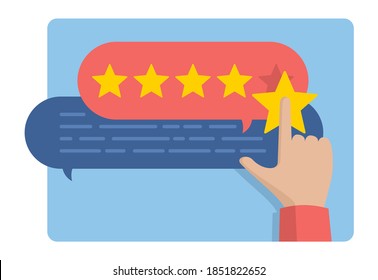 Hand assesses maximum positive ranking with five rating stars and message boxes - vector illustration for good review, service, quality, result