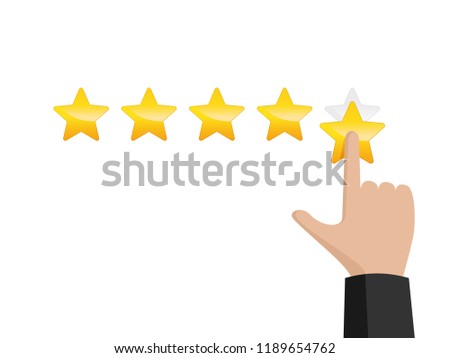 Hand assesses maximum positive ranking with five rating stars - vector illustration for good review, service, quality, result