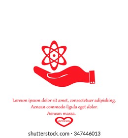 hand and atom, molecule. symbol icon of physics or chemistry .