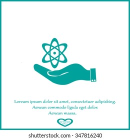hand and atom, molecule. symbol icon of physics or chemistry .