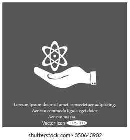 hand and atom, molecule. symbol icon of physics or chemistry .