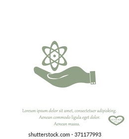 hand and atom, molecule. symbol icon of physics or chemistry .