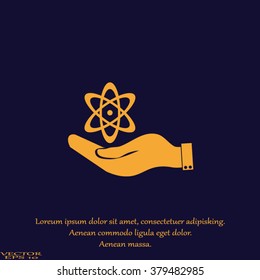 hand and atom, molecule. symbol icon of physics or chemistry .