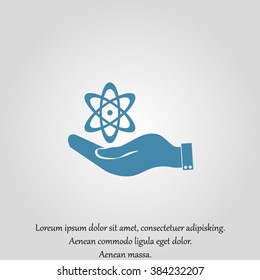 hand and atom, molecule. symbol icon of physics or chemistry .