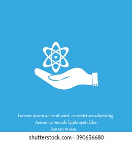 hand and atom, molecule. symbol icon of physics or chemistry .