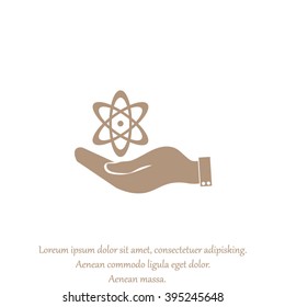 hand and atom, molecule. symbol icon of physics or chemistry .