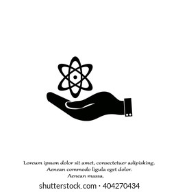 hand and atom, molecule. symbol icon of physics or chemistry .