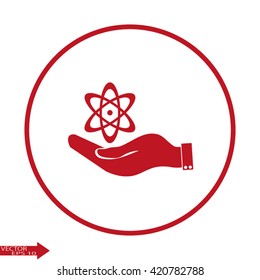 hand and atom, molecule. symbol icon of physics or chemistry .