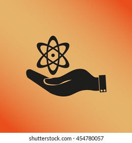 hand and atom, molecule. symbol icon of physics or chemistry .
