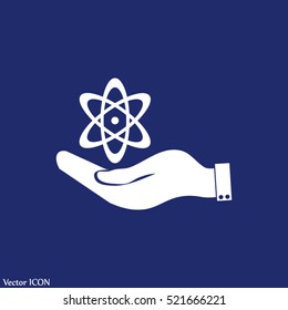 hand and atom, molecule. symbol icon of physics or chemistry .