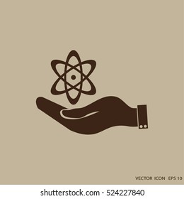 hand and atom, molecule. symbol icon of physics or chemistry .