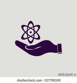 hand and atom, molecule. symbol icon of physics or chemistry .