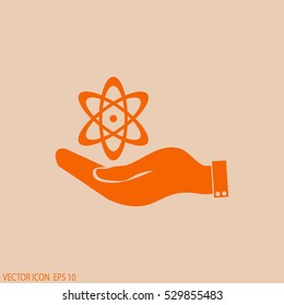 hand and atom, molecule. symbol icon of physics or chemistry .