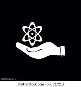 hand and atom, molecule. symbol icon of physics or chemistry .
