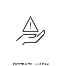 Hand with attention exclamation mark outline icon. linear style sign for mobile concept and web design. Warning simple line vector icon. Symbol, logo illustration.