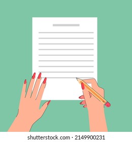 Hand of author writing paper letter on desk, top view. Woman holding pencil for paperwork flat vector illustration. Message, creation, mail concept for banner, website design or landing web page