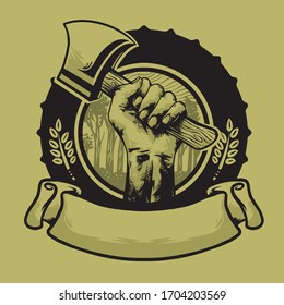 hand with axe and banner logo design vector mascot