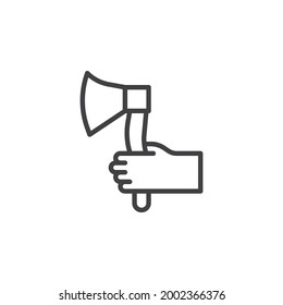 Hand mit Axt-Zeilensymbol. lineares Stilzeichen für mobiles Konzept und Webdesign. Hand mit Axt Umriss Vektorsymbol. Symbol, Logo-Abbildung. Vektorgrafik