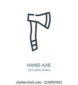 icono de la línea delgada del hacha de mano. ax, trabajar iconos lineales a partir de herramientas y utensilios concepto señal de contorno aislado. Elemento de símbolo de ilustración vectorial para diseño web y aplicaciones.