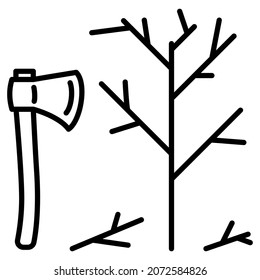 A hand axe and tree branches. Seasonal processing of trees. Thinning of the forest, removal of dry and diseased plants. Vector icon, outline, isolated. Editable stroke.