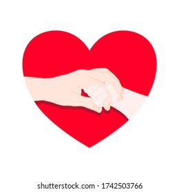 hand of baby is gentle holding the finger of the mother with love and happy in the red heart shape. Family stay together. Holiday spending time. Love and Give concept.