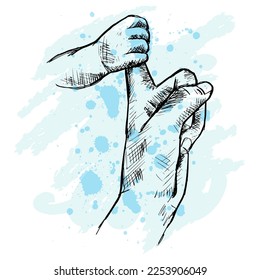Hand of baby holding mother, sketch drawing illustration.