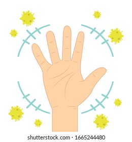 Hand and Bacteria vector. wallpaper. free space for text. bacteria vector pattern. Hand on white background.