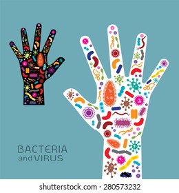 Hand  with bacteria and virus 