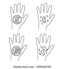 Hand mit Bakterien und Viren. Infektion breitet sich aus. Keime auf schmutziger Hand. Nichtbakterienkonzept. Schutzhülle. Keine Touchsymbole. Bearbeitbarer Strich. Vektorgrafik einzeln auf weißem Hintergrund