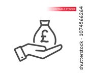 Hand and a bag of british pounds money. Hand and pound money bag icon.