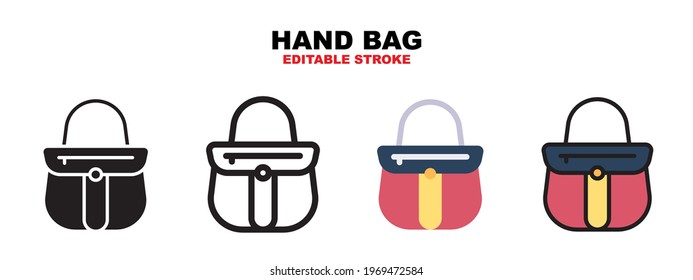 Hand Bag icon set with different styles. Icons designed in filled, outline, flat, glyph and line colored. Editable stroke and pixel perfect. Can be used for web, mobile, ui and more.