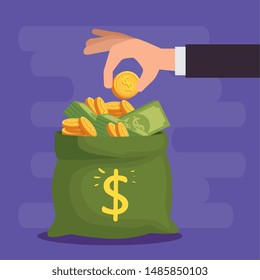 hand and bag money with coins and bills cash currency