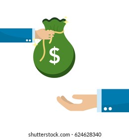 hand with bag money giving to other person hand