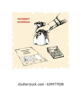 Hand with a bag of money. Payment of purchase in installments. Schedule of payments. Vector illustration of a sketch. Hand-drawn.