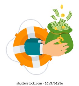 Hand With Bag Of Money Protrudes From Life Buoy. Loan Without Interest And Collateral. Money For Unforeseen Expenses. Borrowed Money. Flat Design, Vector Illustration.