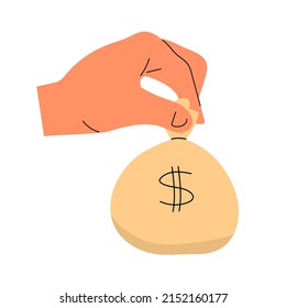 Hand with a bag of money. Successful business, investment, deposit. Bank financial savings. Flat vector illustration isolated on white background