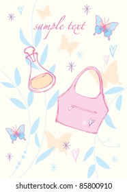 hand bag and perfume on floral greetings card