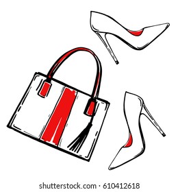 Hand bag and shoes fashion illustration. Hand drawn art. Vector.