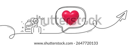 Hand baggage line icon. Continuous line with share plane. Add travel bag sign. Handbag luggage symbol. 3d heart in speech bubble. Add handbag single line ribbon. Loop curve pattern. Vector