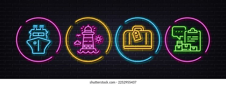 Hand baggage, Ship and Lighthouse minimal line icons. Neon laser 3d lights. Inventory report icons. For web, application, printing. Airport bag, Shipping watercraft, Beacon tower. Vector