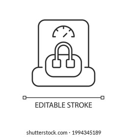 Hand baggage weight linear icon. Handbag weighing in airport. Luggage check for passenger. Thin line customizable illustration. Contour symbol. Vector isolated outline drawing. Editable stroke