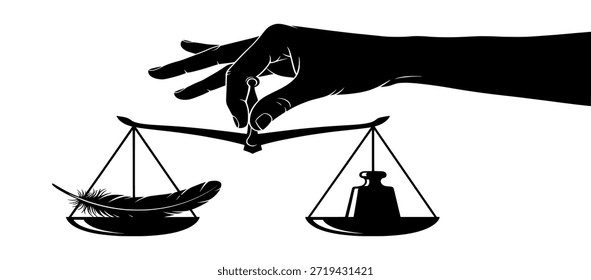 Hand ausgleichende Feder und Gewicht auf Skalen, symbolisiert Gerechtigkeit und Fairness in einer einfachen schwarz-weißen Illustration.