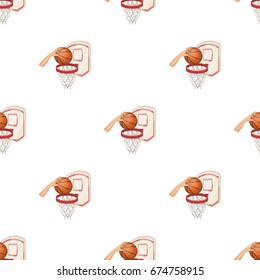 Hand with a ball near the basket.Basketball pattern icon in cartoon style vector symbol stock illustration web.