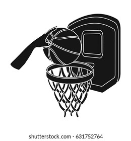 Hand with a ball near the basket.Basketball single icon in black style vector symbol stock illustration web.